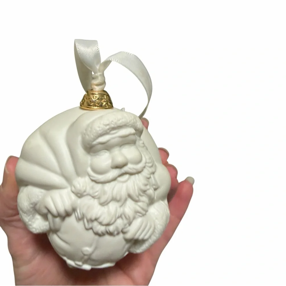 Wedgwood Cream Puffer Santa Ornament in Gold Box